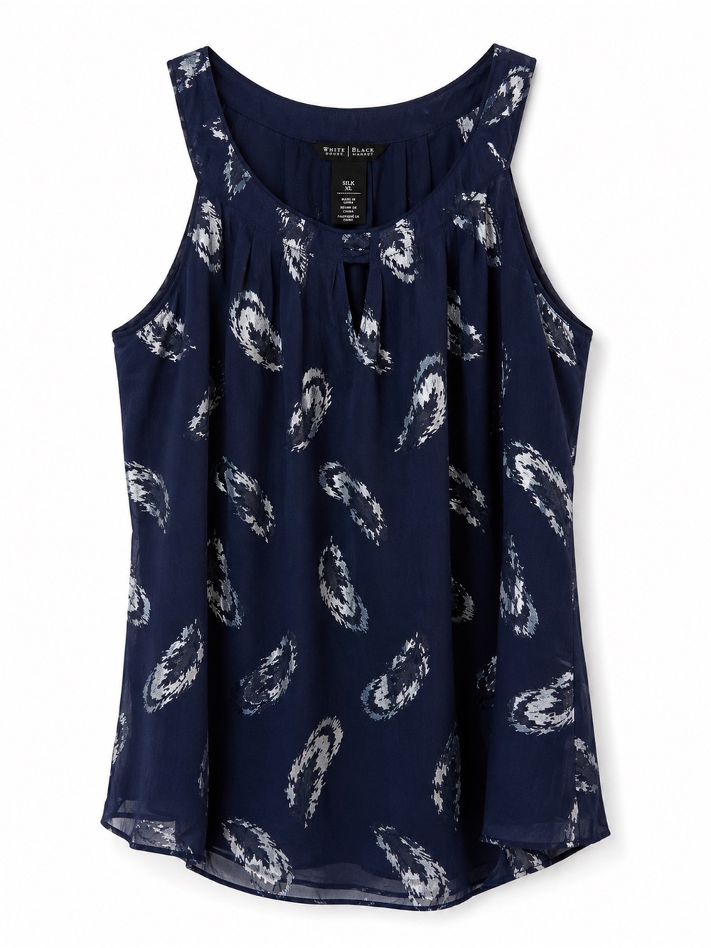 White House Black Market 100% Silk Navy Feather Print Sleeveless Blouse XL
